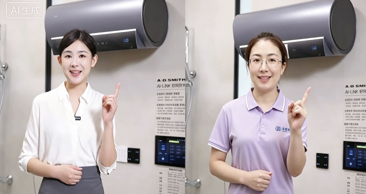 万镜一刻技术支持下的「一点成片」生成效果 A.O.史密斯「一点成片」AI视频生成效果展示,一线销售一键替换人脸生成专属产品讲解视频。