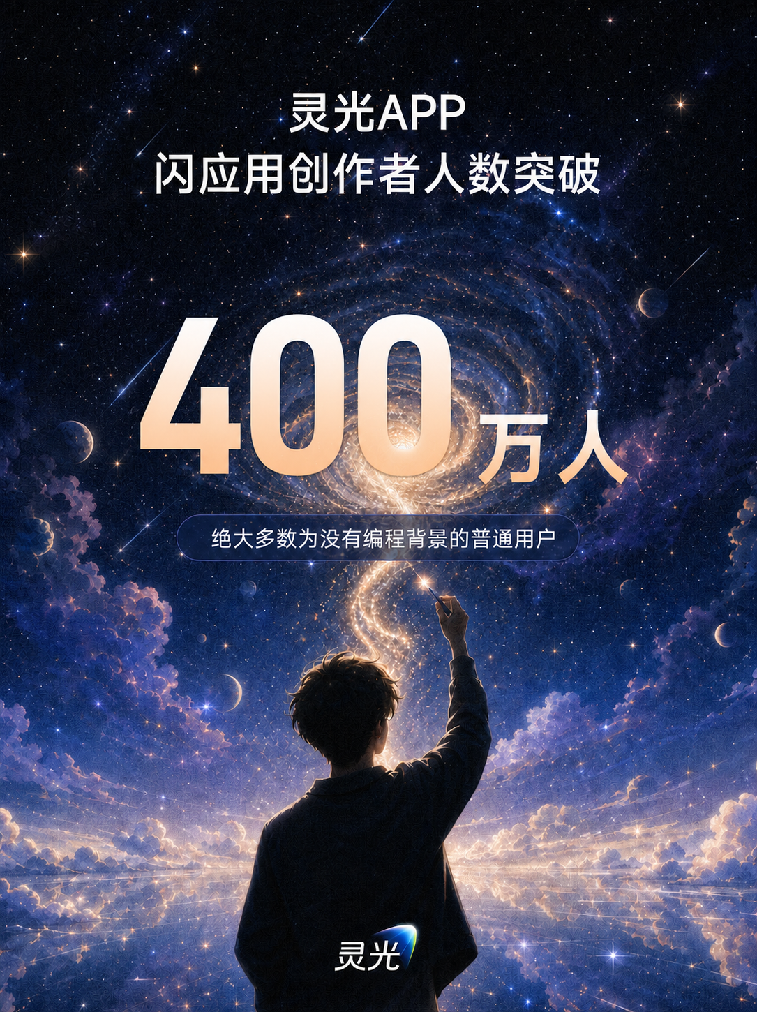 灵光 App 闪应用创作与生态界面，展示了超过400万普通用户在平台上创作的趣味AI模拟器和互动应用，体现人人可创作的AI原生生态。